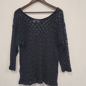 Vtg Fairy Grunge Open Knit Top Size 1X Cotton Crochet Black Long Sleeve 90s